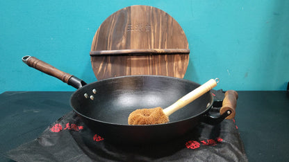 Sartén de hierro  grande con tapa y mango de madera, WANGYUANJI