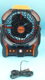 Ventilador portátil, con luz, recargable, entrada USB, regulable.