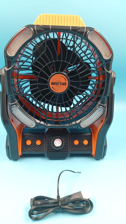 Ventilador portátil, con luz, recargable, entrada USB, regulable.