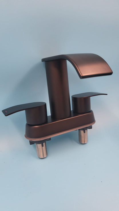 Grifo de baño de cascada negra, 4 pulgadas para 3 agujeros con drenaje desplegable.