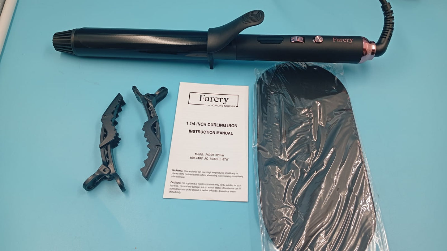 Rizadora de barril largo de 1 1/4 pulgadas, temperatura ajustable.