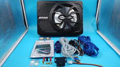 Subwoofer y amplificador, 1600 W para debajo del asiento, con luz LED.