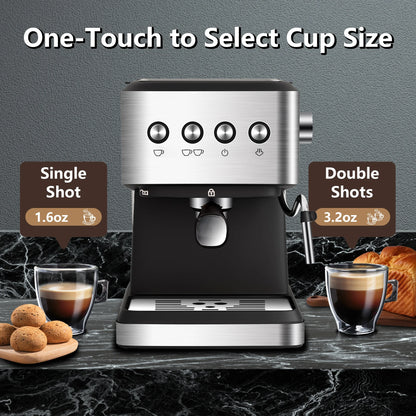 Cafetera espresso, 20 bars, 1,5 L, espumador de leche, acero inoxidable.