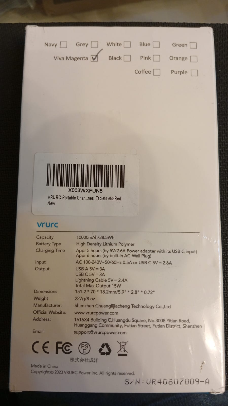 VRURC Cargador portátil con cables y enchufe, 10000mAh.