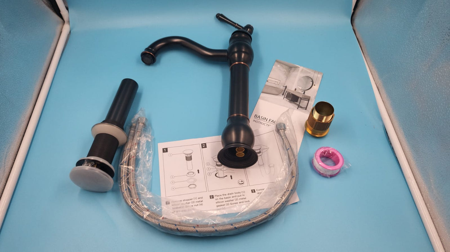 Grifo giratorio de 360° para lavabo de una sola manija y drenaje, bronce aceitado