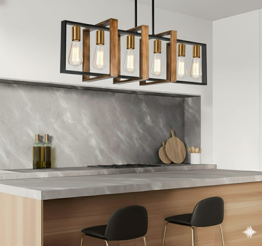 Luces de isla, rectangular de madera y metal, rústico, moderno.