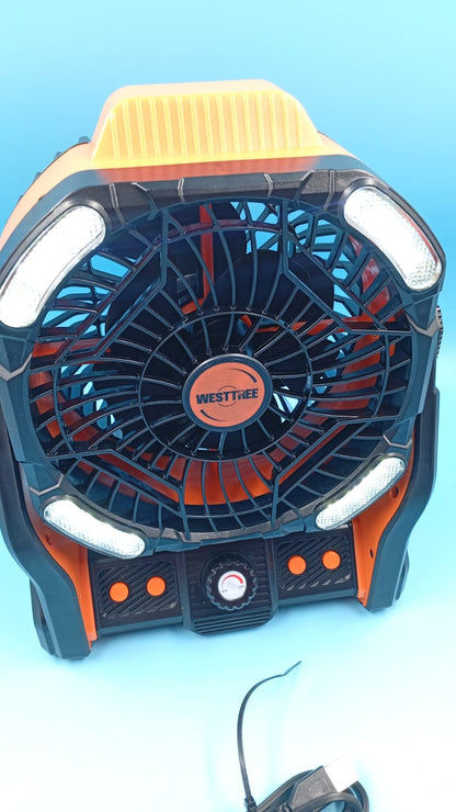 Ventilador portátil, con luz, recargable, entrada USB, regulable.