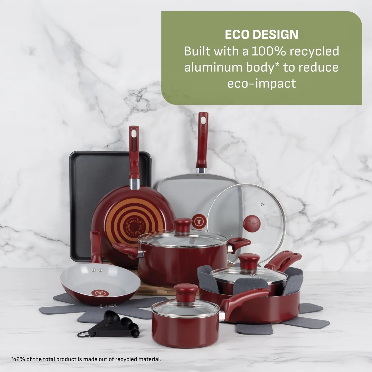 T-fal Kitchen Solutions Cerámica, Utensilios de Cocina de 22 Piezas, Rojo