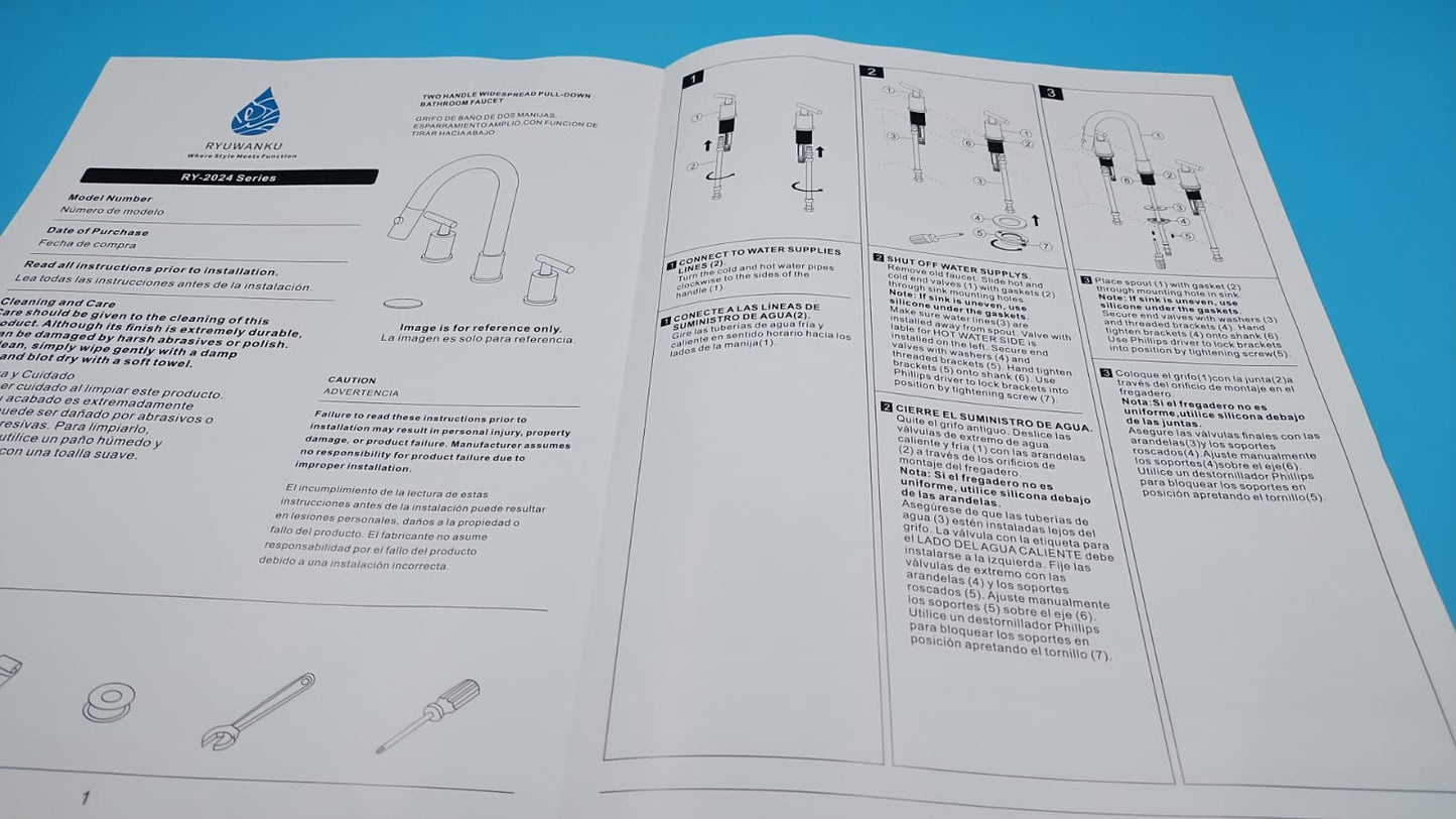 Grifo de baño desplegable con rociador 360° en acero inoxidable cepillado con drenaje emergente