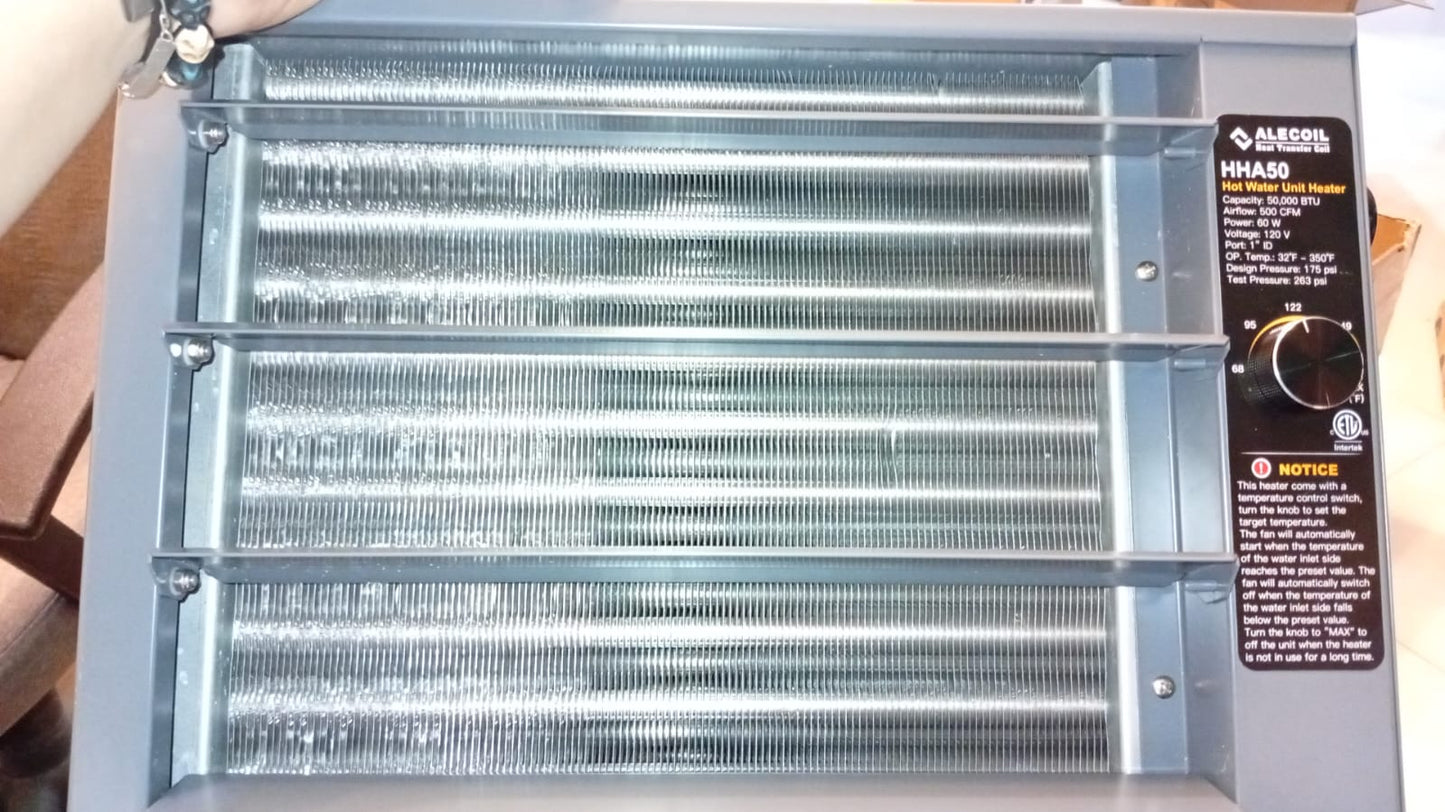 Calentador hidronico de 50.000 BTU, calor de agua a aire.(DETALLE).