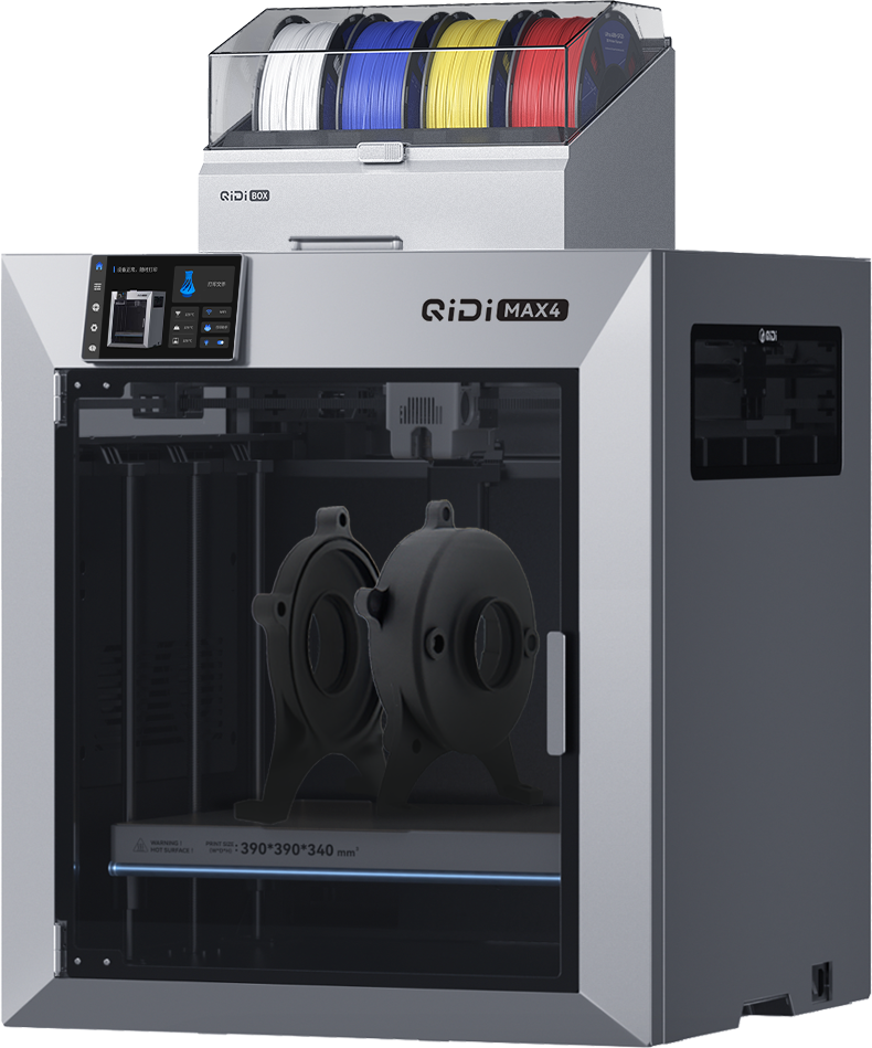 Impresora 3D QIDI Max4 Combo plateada con cámara calefaccionada y almacenamiento de filamento — vista 3