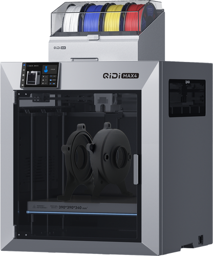 Impresora 3D QIDI Max4 Combo plateada con cámara calefaccionada y almacenamiento de filamento — vista 3