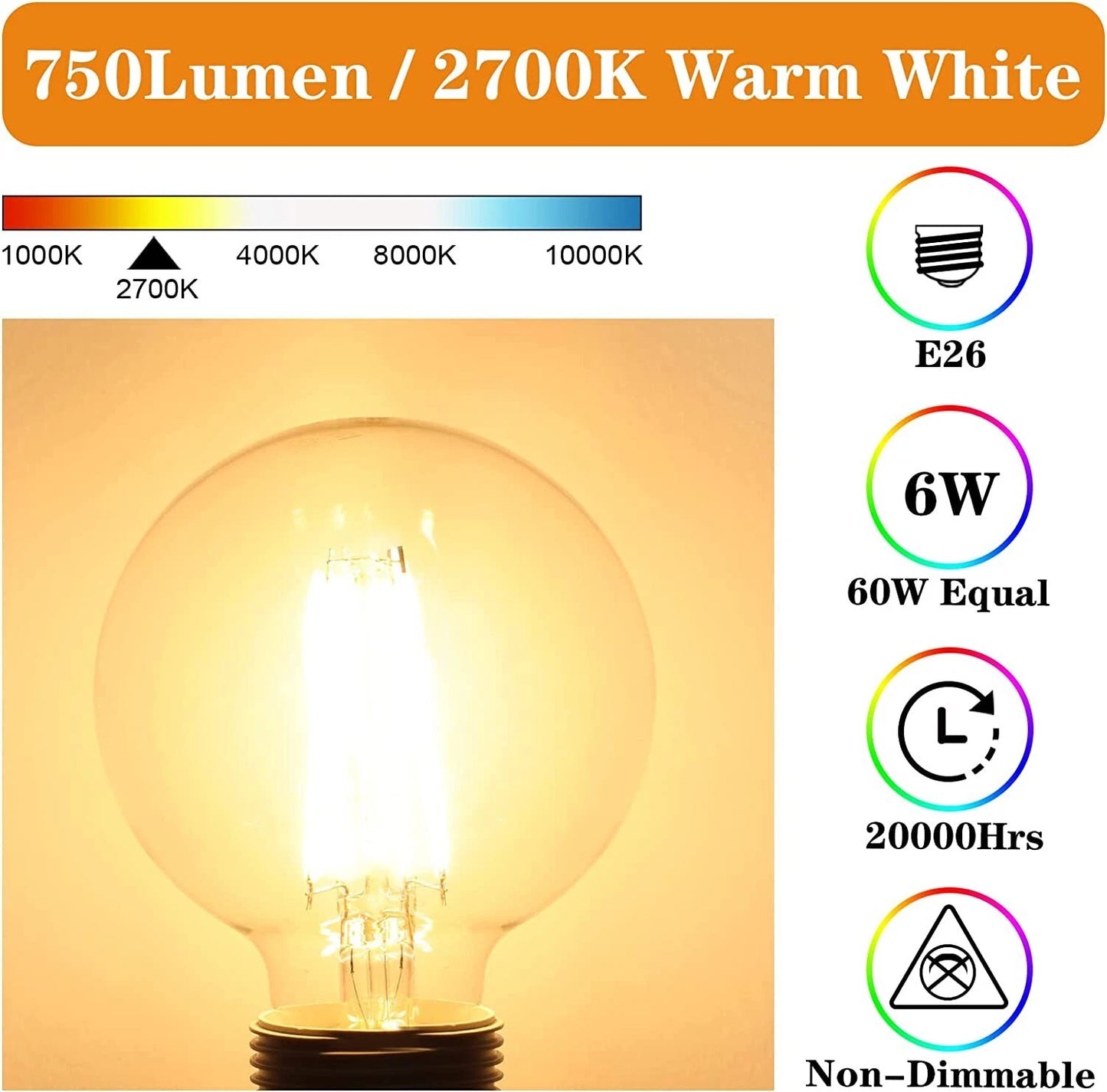 Bombillas de Globo, Ascher Vintage, E26, 6W, LED, 4000K, Vintage.