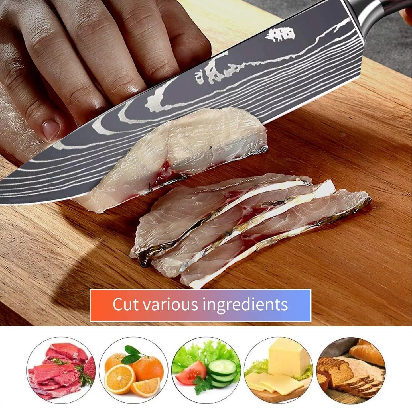 Cuchillo de chef, 8", estilo japonés, acero de Damasco.