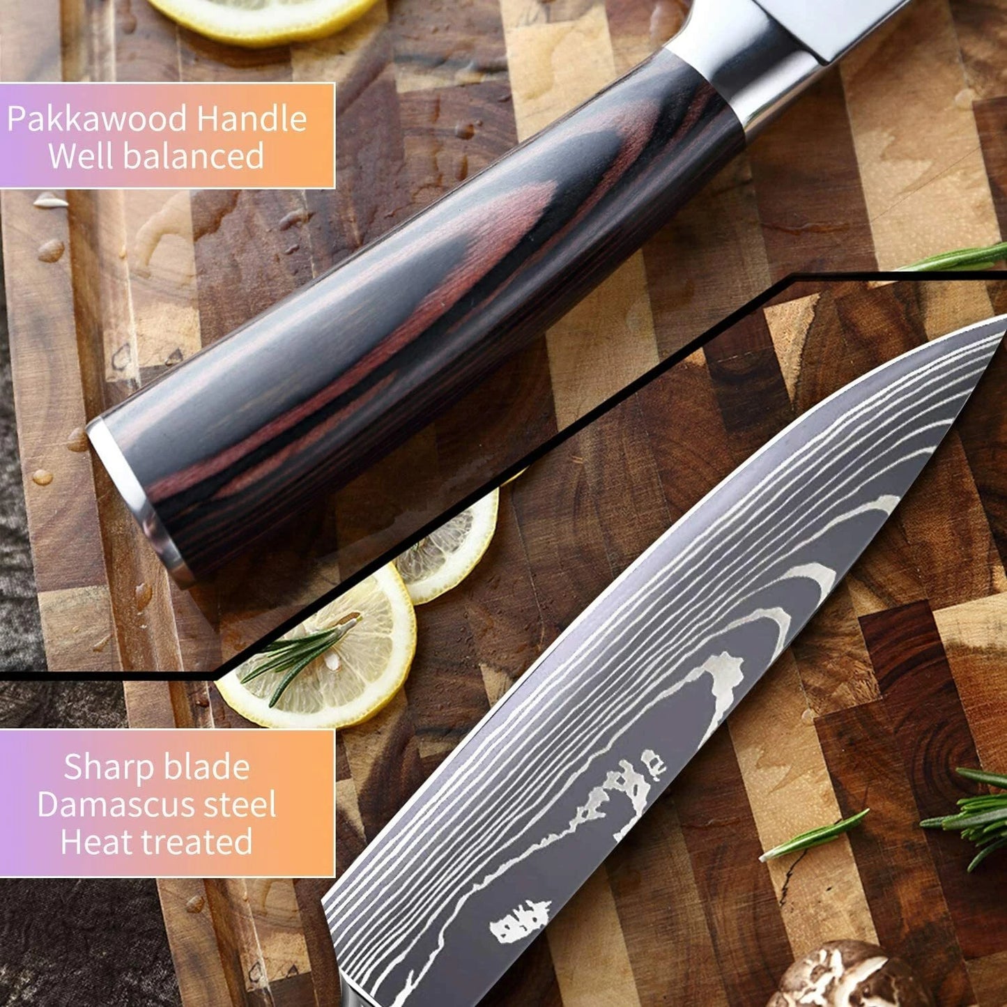 Cuchillo de chef, 8", estilo japonés, acero de Damasco.