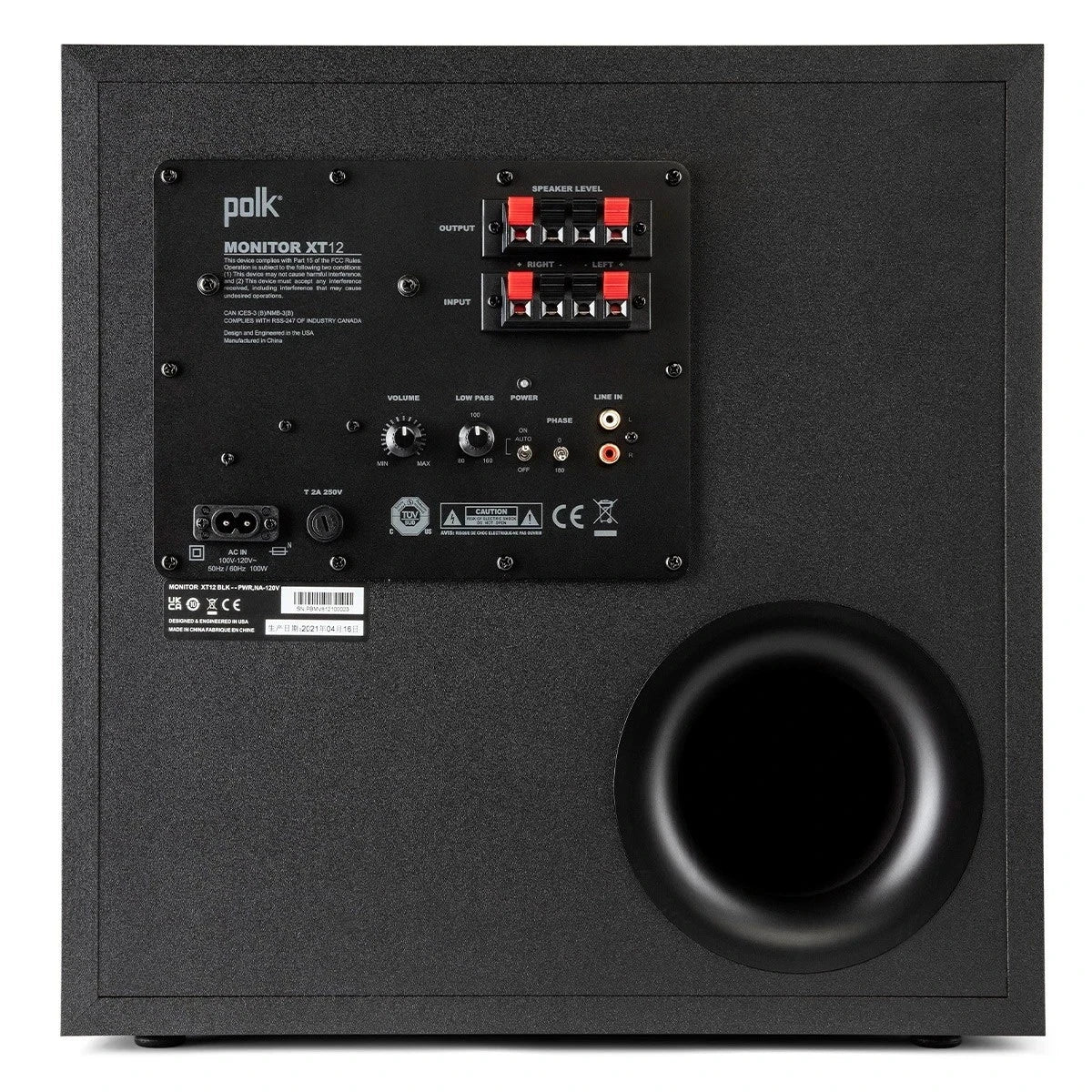 Subwoofer Polk Monitor XT12, Alto rendimiento, 100W, Clase AB.