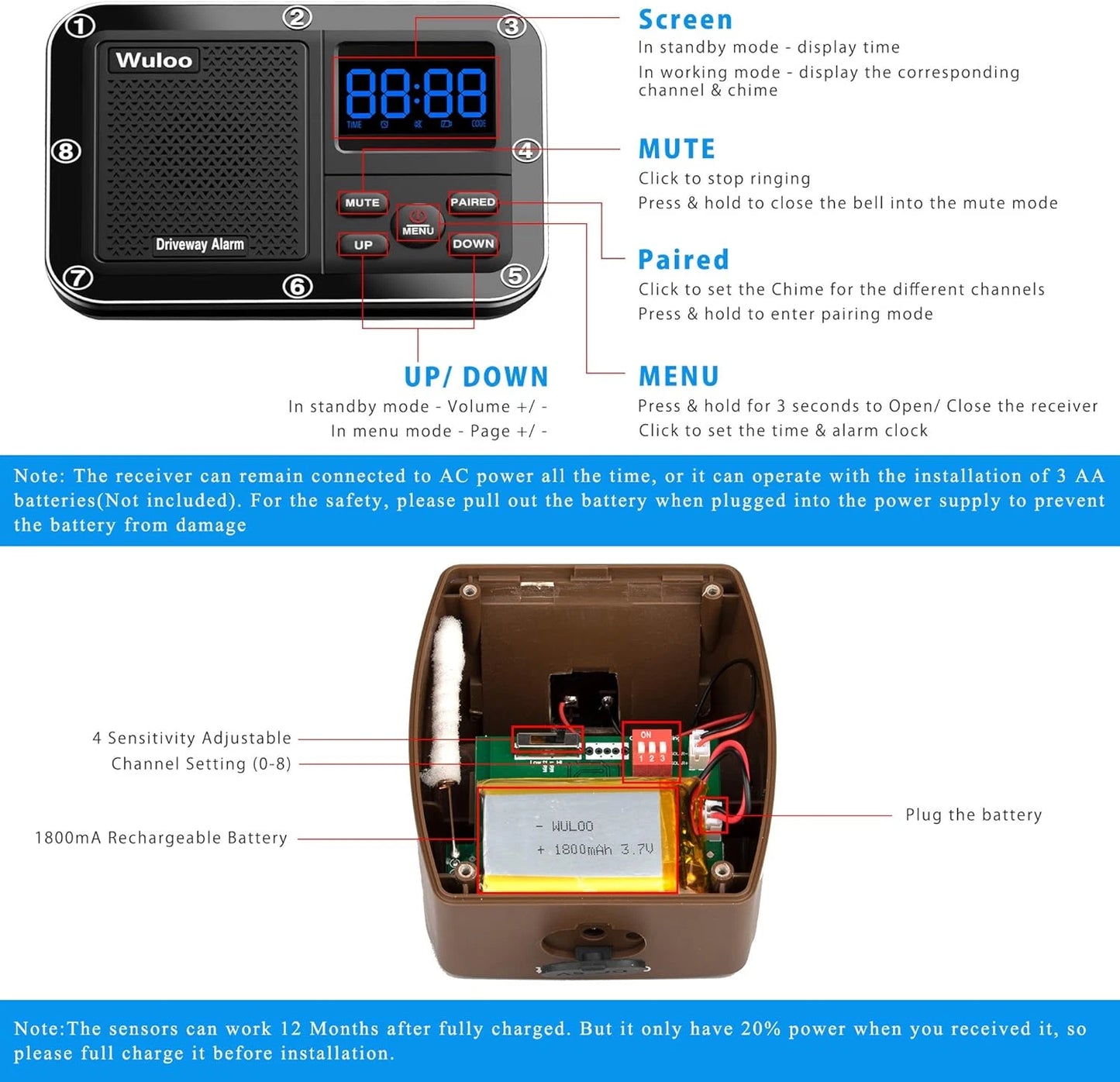 Alarma de entrada, sensor de movimiento exterior, inalámbrica, Wuloo.