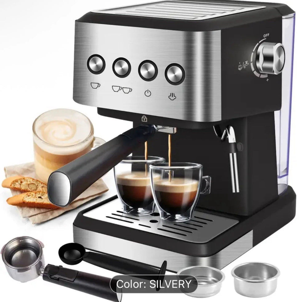 Cafetera espresso, 20 bars, 1,5 L, espumador de leche, acero inoxidable.