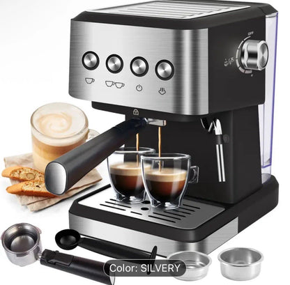 Cafetera espresso, 20 bars, 1,5 L, espumador de leche, acero inoxidable.