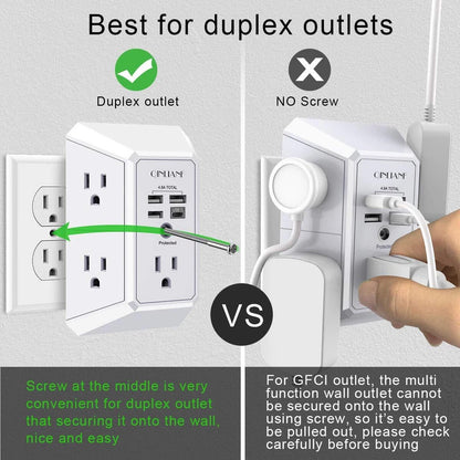 Cargador de pared USB, de 5 tomacorrientes , 3 puertos USB y  1 tipo  C