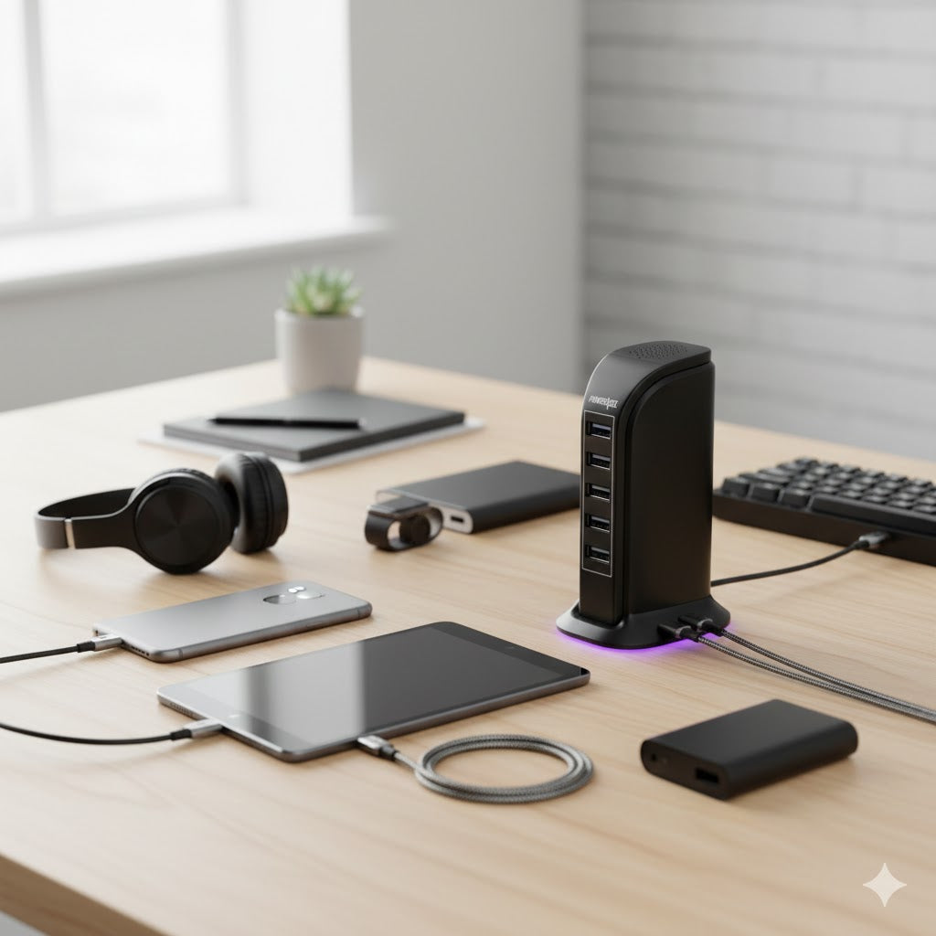 Cargador multiple USB de 5 puertos torre de carga PowerXcel